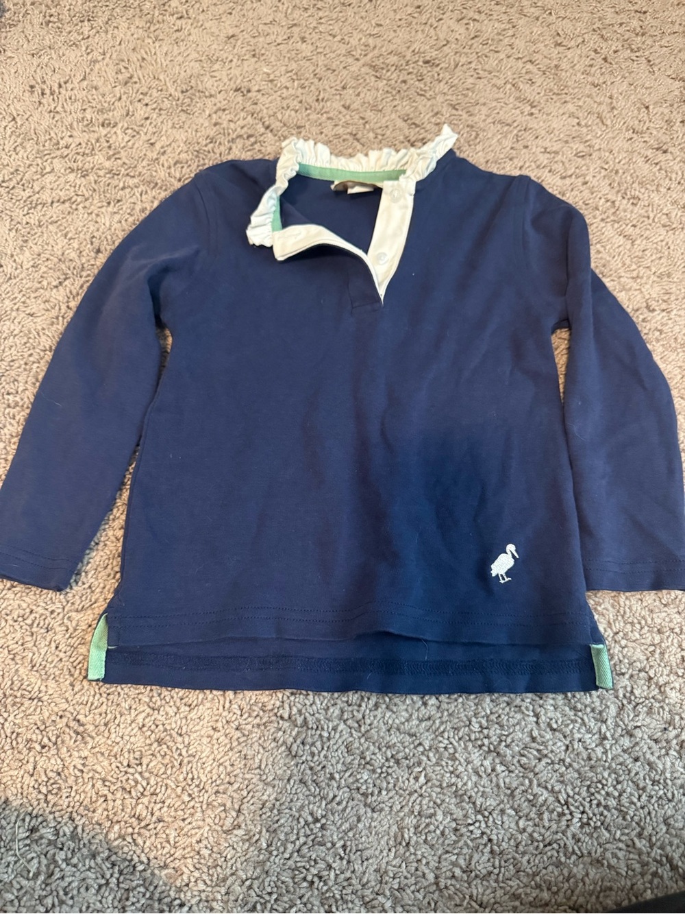 The Beaufort Bonnet Company Navy Long-Sleeve Ruffle Collar Top with Mint Trim